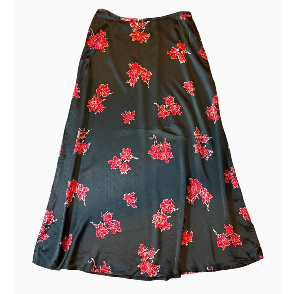Limited Women's Silk Satin Maxi Skirt Size 12 Black Red Floral Vintage 90s